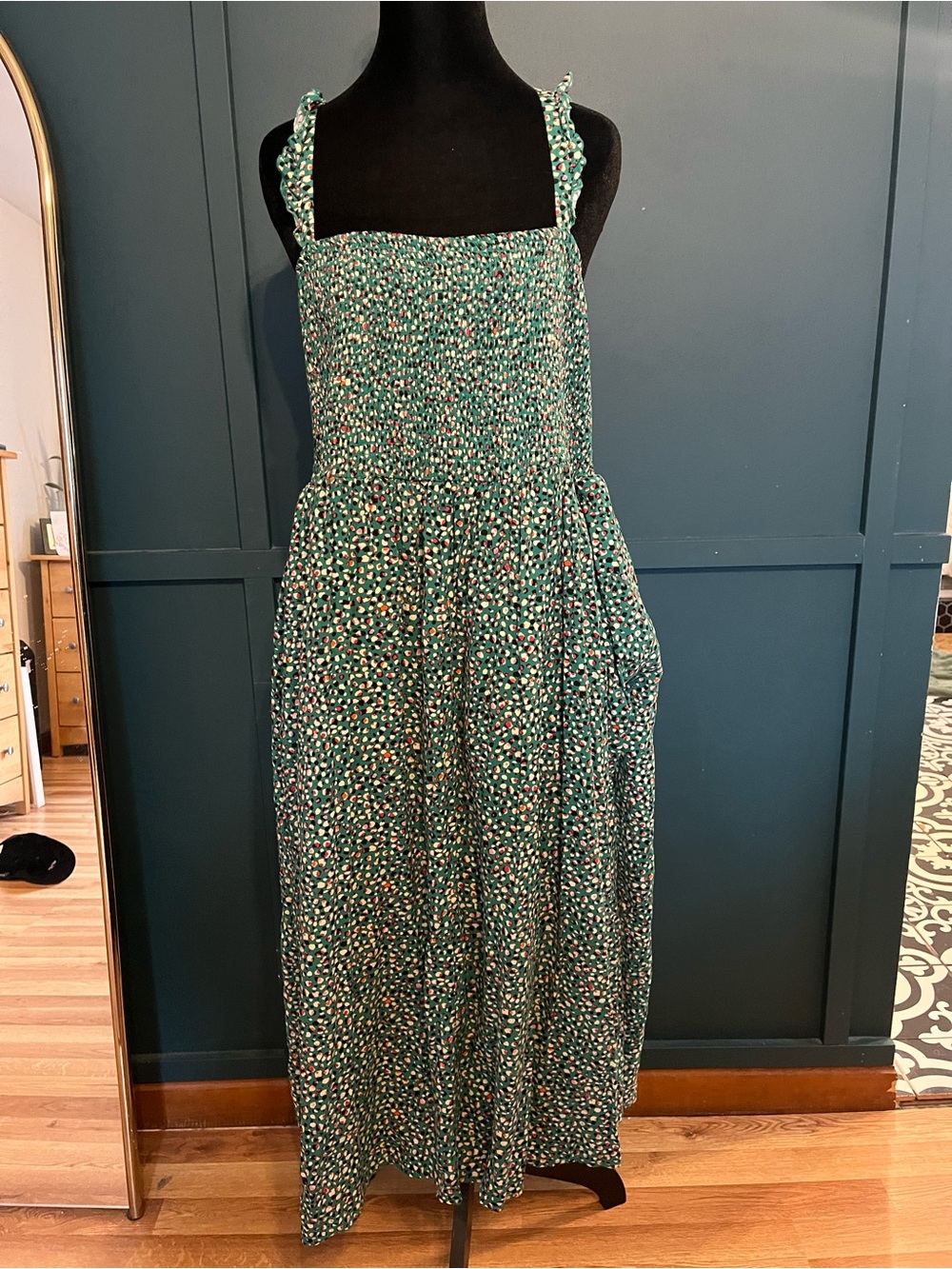 torrid Green Floral Maxi Dress with Smocked Bodice and Tie Straps